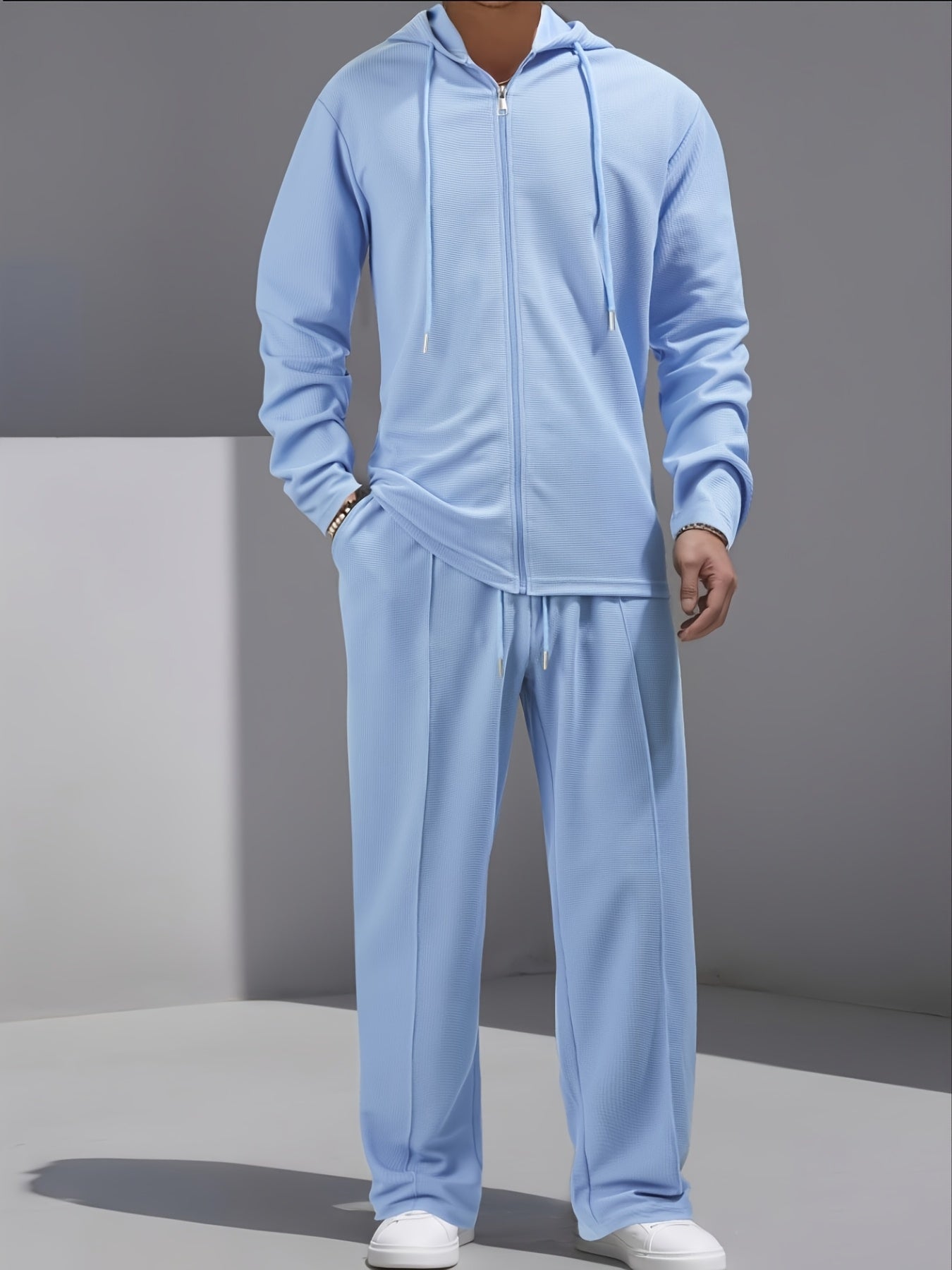 Set di 2 pezzi per uomo con cardigan con cappuccio e zip e pantaloni con coulisse - Pullover casual a maniche lunghe con tasche frontali, colore solido, outfit comodo per la primavera/autunno, abbigliamento per la primavera/autunno | Pullover con cappucci