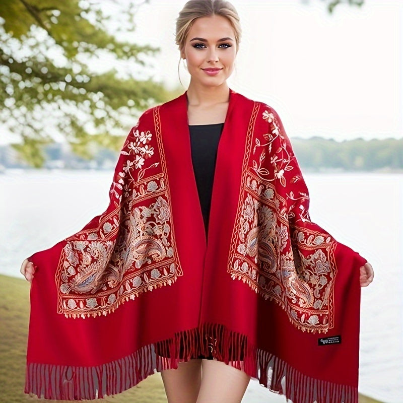 Abbigliamento esterno ricamato floreale stagionale bohemien, sciarpa ricamata in vintage per primavera e autunno, scialle versatile, sciarpa etnica, scialle di grandi dimensioni per il calore.