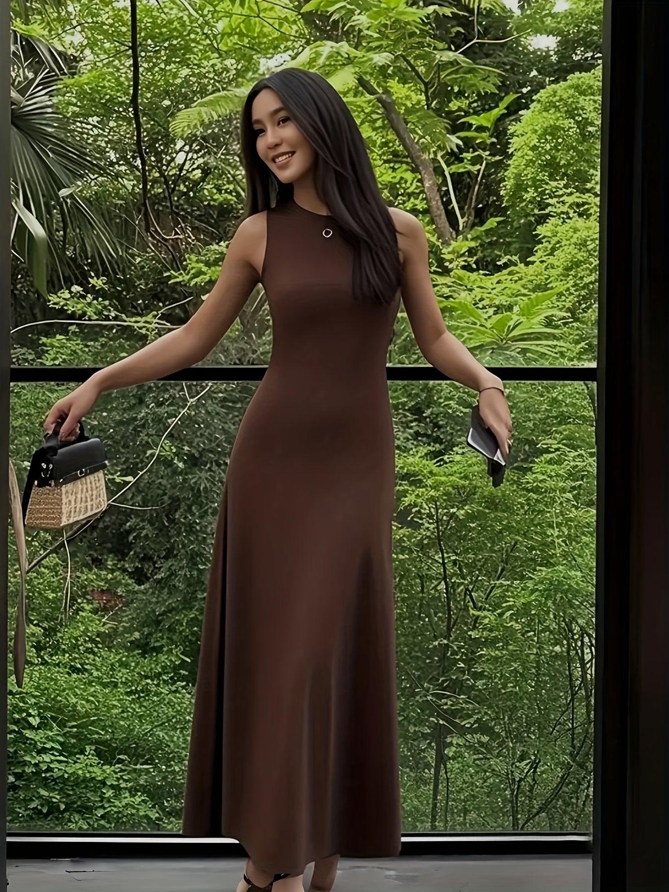 Women's Elegant Sleeveless Maxi dress - Formal to Casual Outfits, Machine Washable Deep Brown Dress for Vacation, Office, Parties - Flattering Fit Everyday & Special Occasions