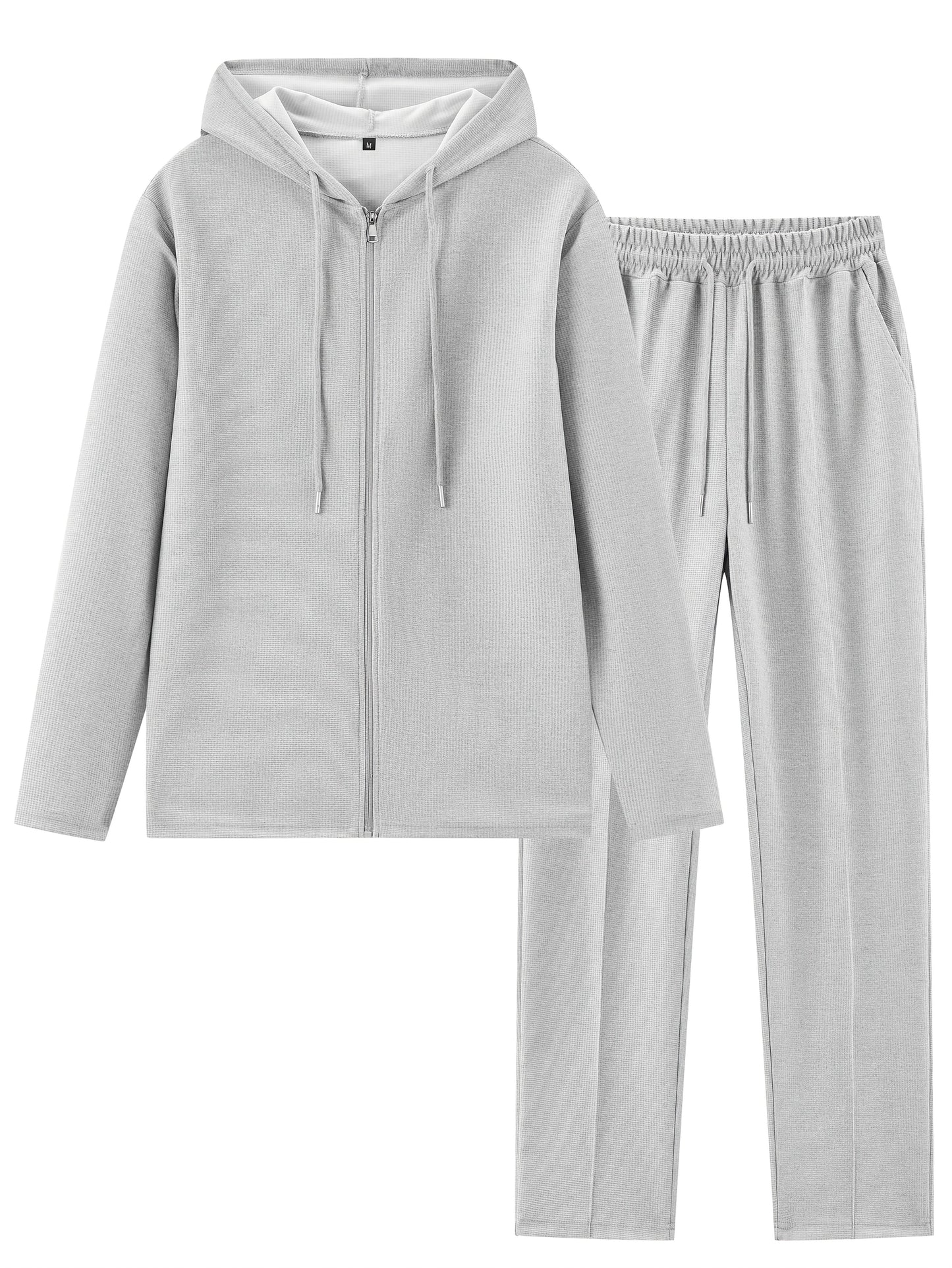 Set di 2 pezzi per uomo con cardigan con cappuccio e zip e pantaloni con coulisse - Pullover casual a maniche lunghe con tasche frontali, colore solido, outfit comodo per la primavera/autunno, abbigliamento per la primavera/autunno | Pullover con cappucci
