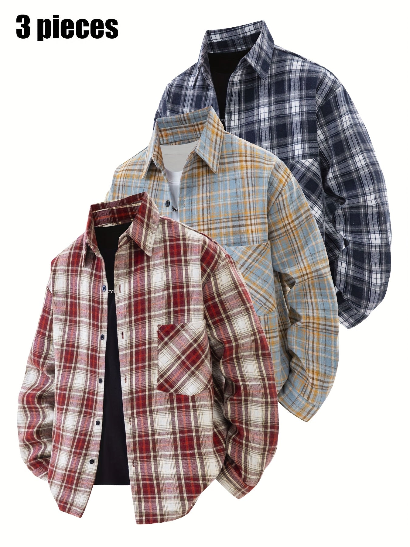 Set di 3 camicie a quadri da uomo - Camicie casual a vestibilità ampia con bottoni, colletto, maniche lunghe e tasche sul petto per abbigliamento primaverile/autunnale da esterno, capispalla versatili e alla moda, abbigliamento primaverile autunnale | Des