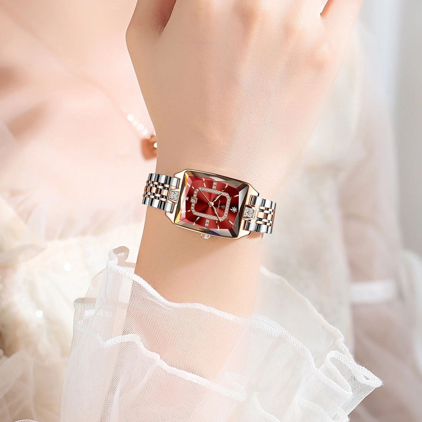 Orologio di lusso per donne POEDAGAR - Elegante calendario impermeabile con visualizzazione della data, orologio quadrato in acciaio inossidabile, cassetta in lega di zinco, cinturino in acciaio inossidabile, stile casual, accessorio elegante | Design ele