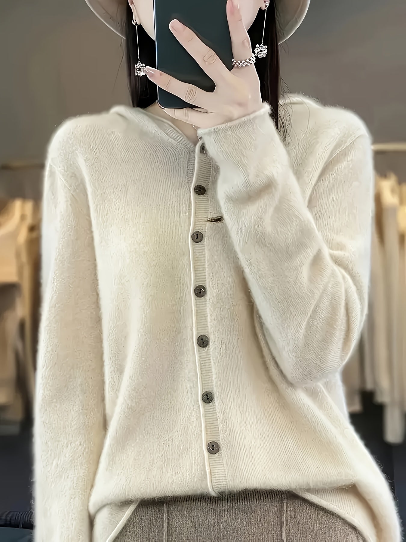 Maglione con cappuccio casual da donna in 100% lana, cardigan lavorato a maglia in lana merino tinta unita, manica lunga, vestibilità regolare, design aperto sul davanti, scelta elegante e calda per l'autunno/inverno, ultra morbido