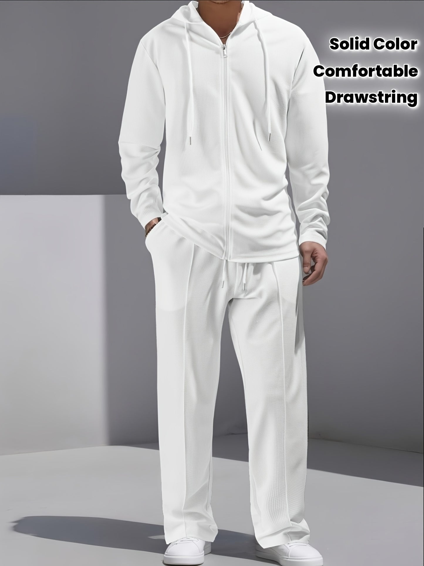Set di 2 pezzi per uomo con cardigan con cappuccio e zip e pantaloni con coulisse - Pullover casual a maniche lunghe con tasche frontali, colore solido, outfit comodo per la primavera/autunno, abbigliamento per la primavera/autunno | Pullover con cappucci
