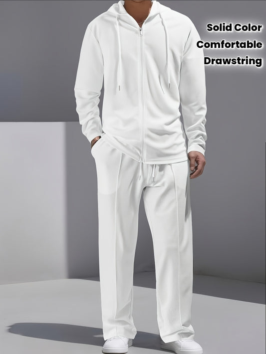 Set di 2 pezzi per uomo con cardigan con cappuccio e zip e pantaloni con coulisse - Pullover casual a maniche lunghe con tasche frontali, colore solido, outfit comodo per la primavera/autunno, abbigliamento per la primavera/autunno | Pullover con cappucci