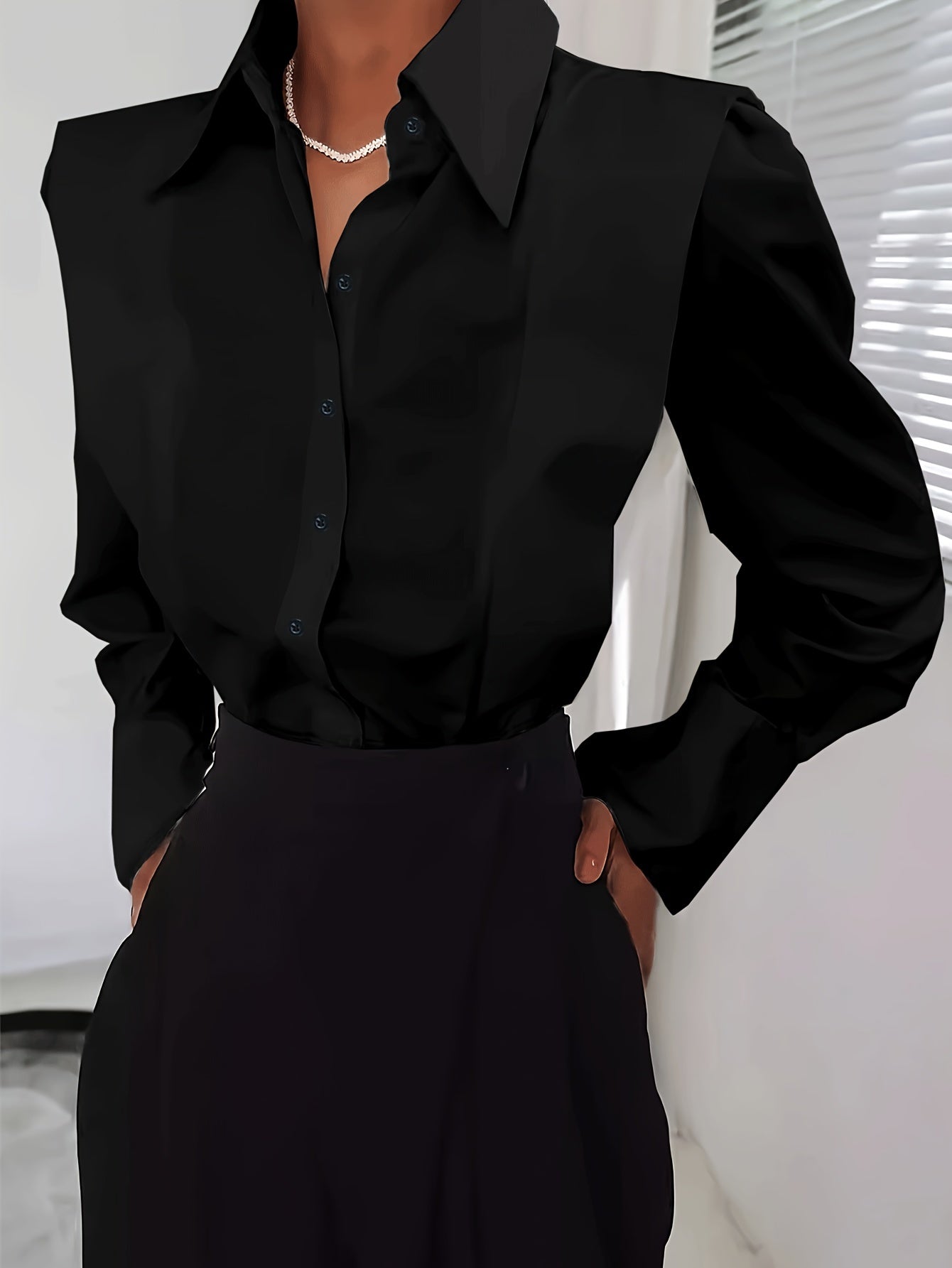 Women'S Light Blue Long Sleeve Button-Up Shirt - Casual Lapel Collar, Solid Color, Elegant Polyester Blouse for All Seasons, Perfect for Casual Attire, Ladies Blouses
