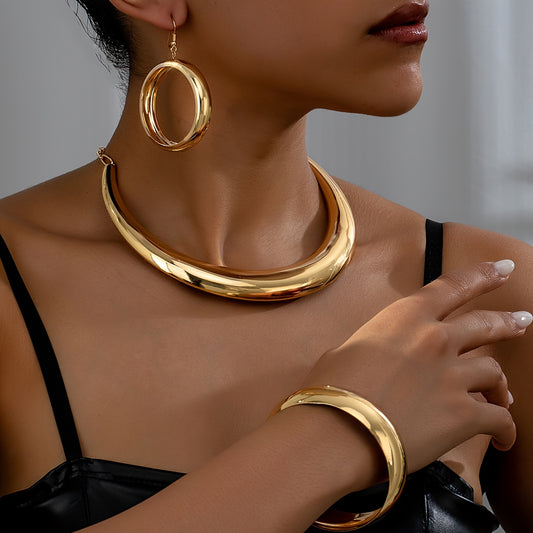 Set di gioielli alla moda urban chic - Collana, bracciale e orecchini a cerchio in lega di stile semplice per abbigliamento quotidiano e da festa