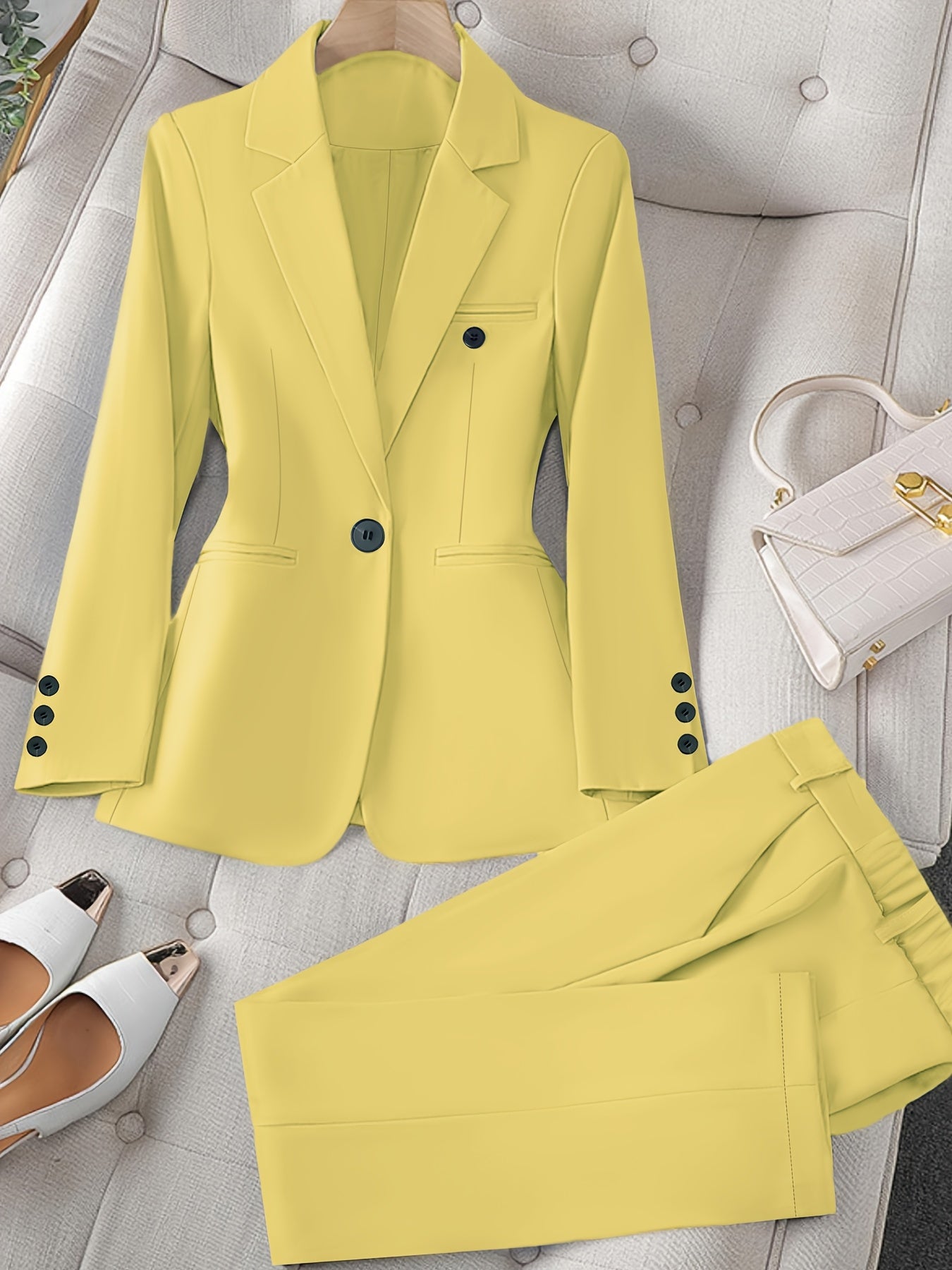 Women'S Casual Two-Piece Set, Stylish Business Solid Color Long Sleeve Suit Jacket and Pants Set, Polyester, Lapel Collar, Regular Fit, All Season, with Optional Handbag and Earrings, for Fashionable Workwear, Business Attire|Sleek Formal Attire|Polyester