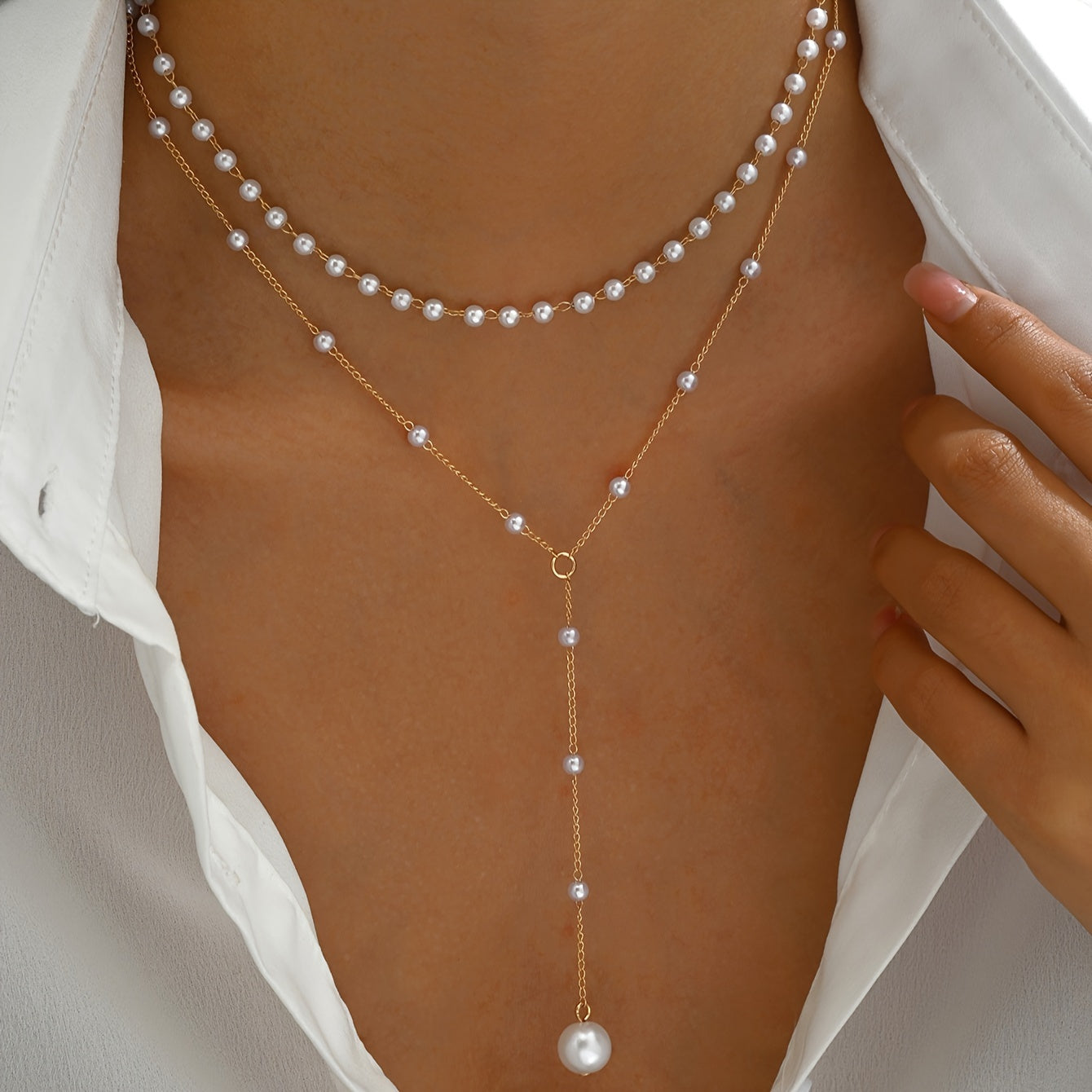 1pezzo Collier Elegante a Doppio Strato con Perle Finte e Fiocchi - Stile Vintage, Lega di Zinco, Conteggio di Perline Regolabile per Indossare Ogni Giorno e in Occasione, Accessorio per Tutte le Stagioni