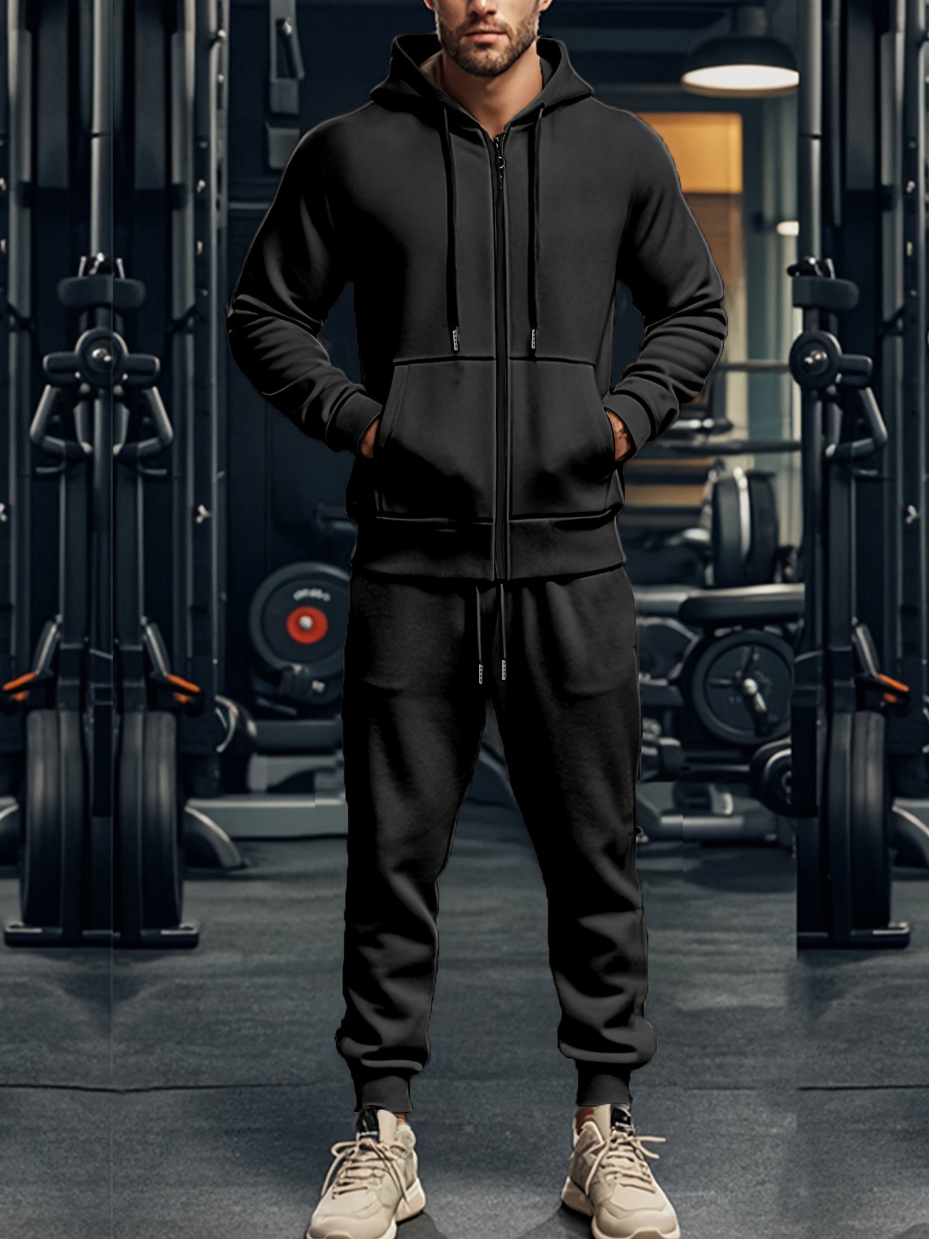 Set di 2 pezzi da uomo con felpa con cappuccio a tinta unita a maniche lunghe + pantaloni, set casual sportivo da fitness coordinato