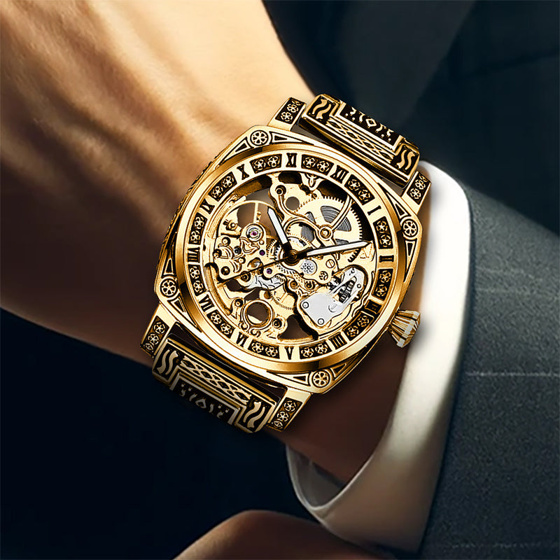 1pc Orologio meccanico creativo a striscia di acciaio giallo per uomo giovane, senza batteria