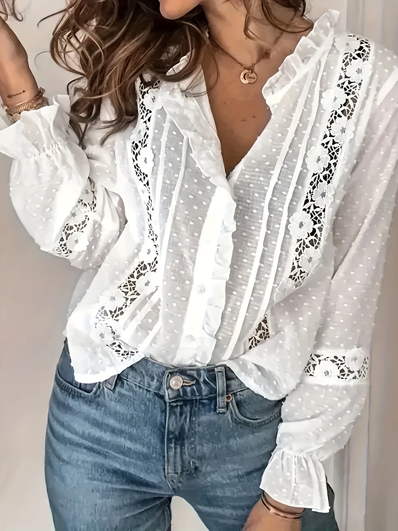 Solid Color Polka Dot Lace Shirt