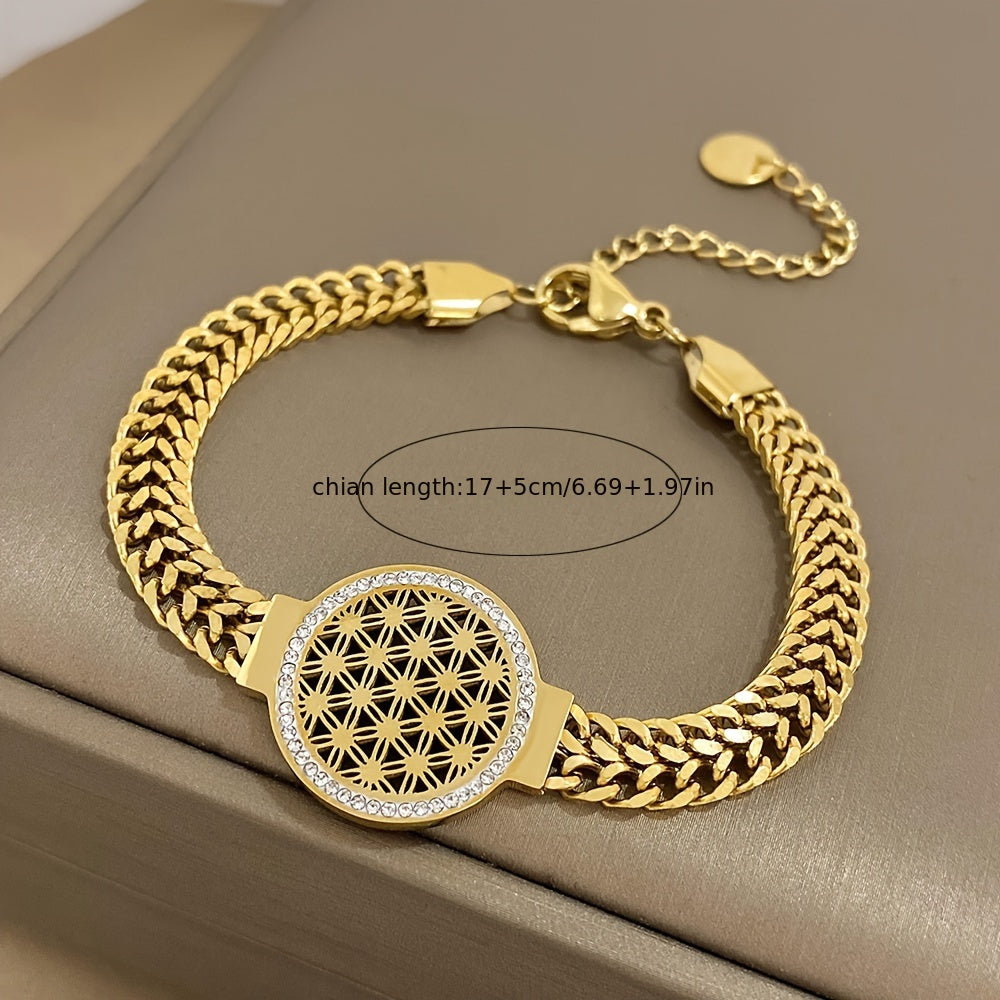 1pz Braccialetto In Acciaio Inossidabile Con Fiori E Uccelli, Rotondo Con Strass In Rilievo, Braccialetto A Cerchio Del Fiore Della Vita