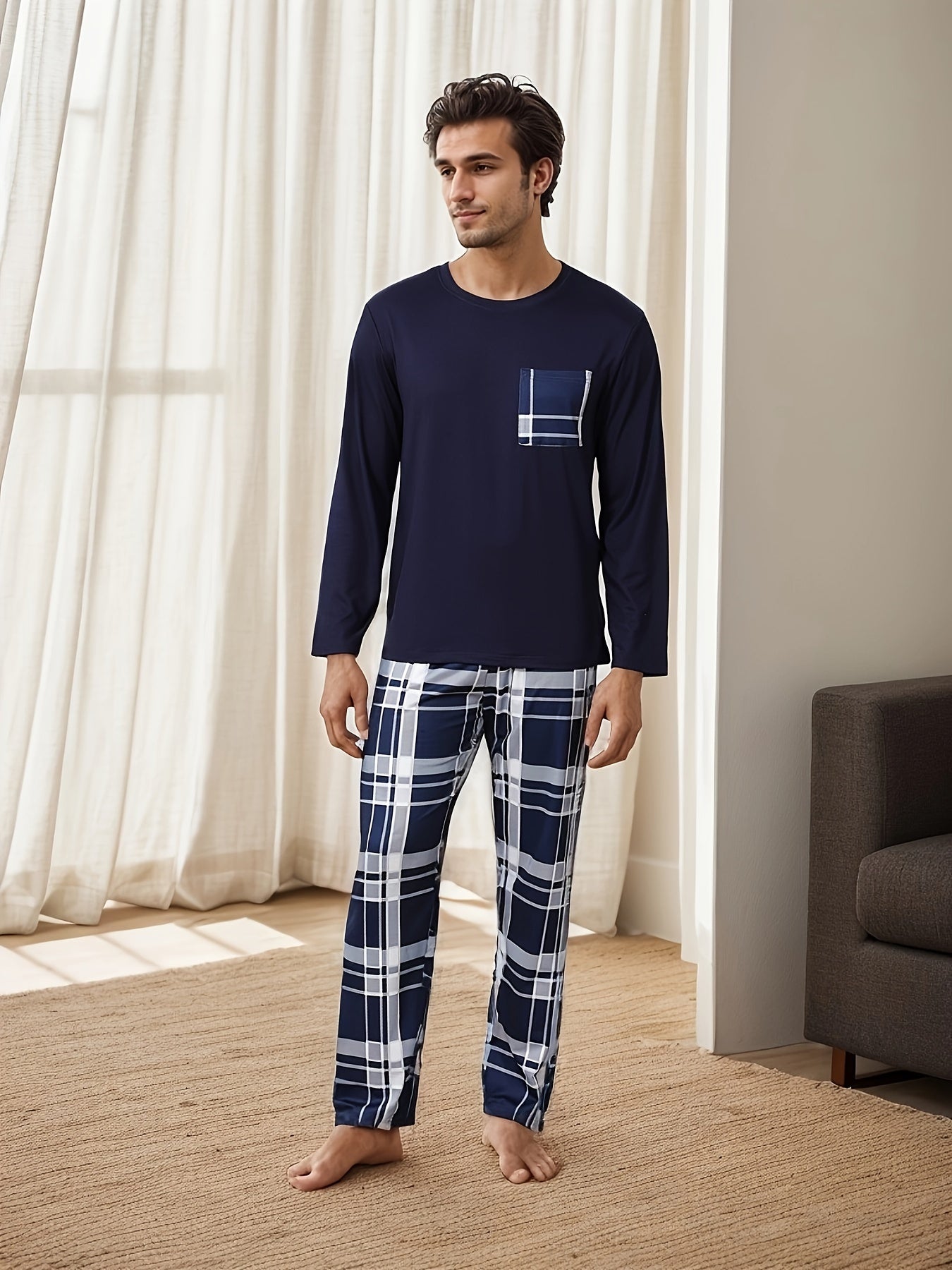 Set Pigiama Casual da Uomo - T-Shirt a Maniche Lunghe con Collo Rotondo & Pantaloni a Quadri, Misto Poliestere Morbido, Perfetto per la Primavera/Autunno