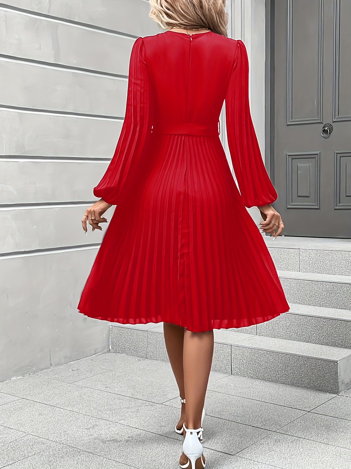 Women'S Elegant Formal & Everyday dress - Long Lantern Sleeves, Adjustable Waist Tie Belt, Flattering A-Line Silhouette, Knee-Length Party Wedding Office Outfit in - Easy-Care Women'S Clothing, Versatile Wardrobe Staple, Sophisticated Pleated Skirt, Durab