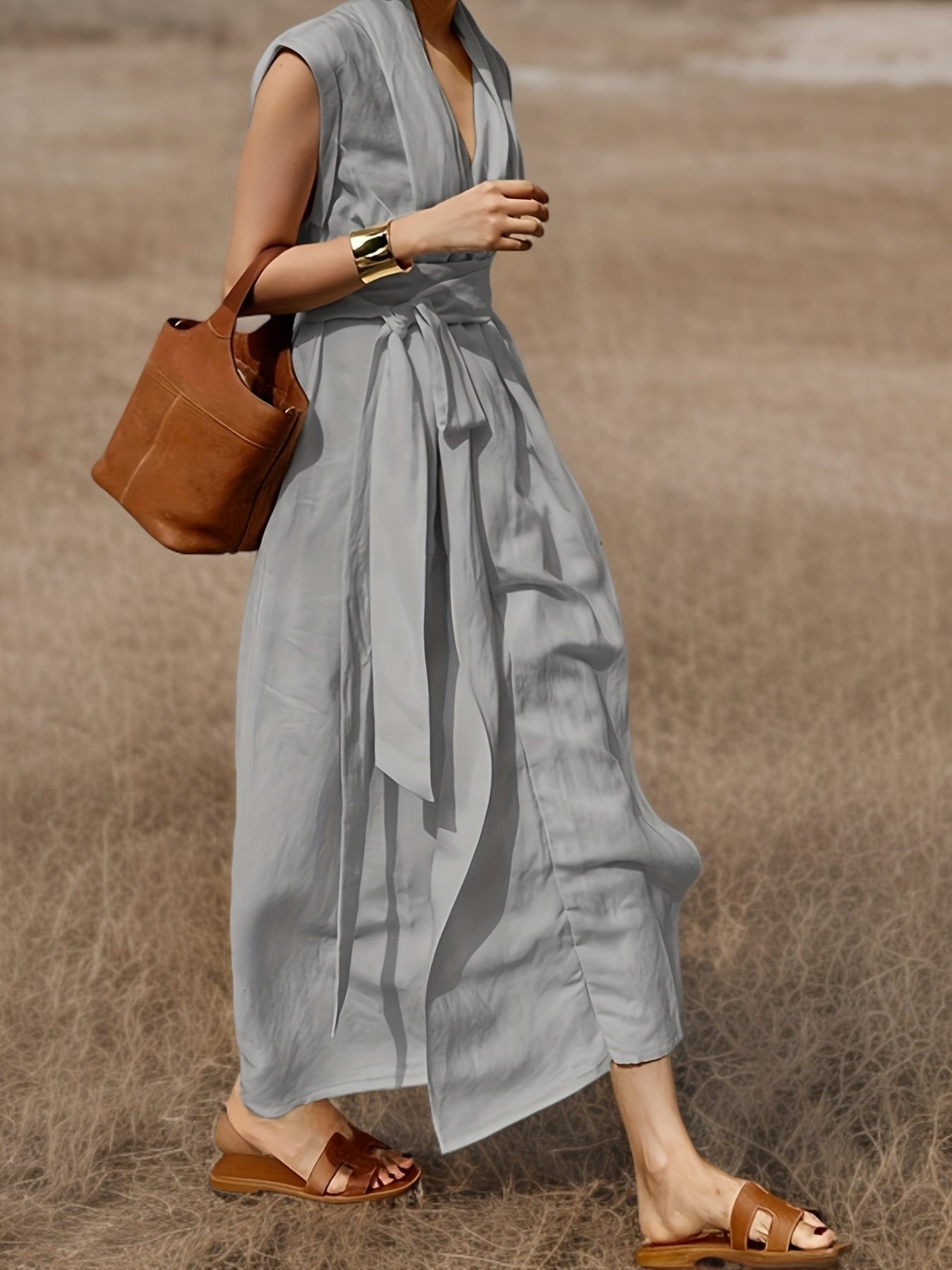 Solid Color Spring And Summer Linen Blend Sleeveless Dress with Pockets, Belt, And an Elegant French Style, Perfect for Vacations.
