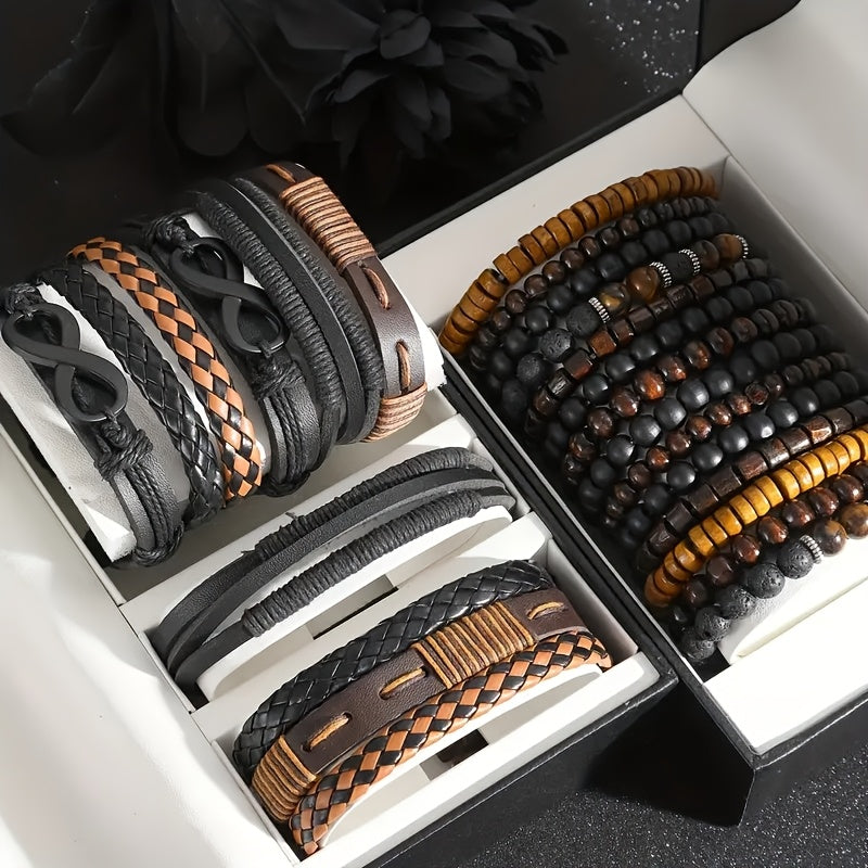 24 pezzi Set di Accessori di Moda da Uomo, Braccialetti in Pelle Sintetica e Perline di Legno in Stile Street, Design Versatili a Strati per Abbigliamento Casual, con Confezione Multipla per Regali (Scatola Non Inclusa)
