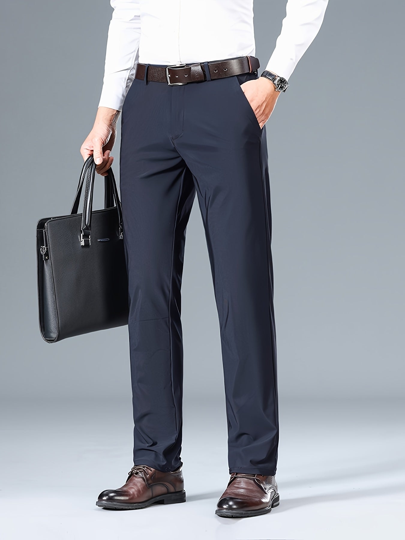 2025 Nuovi Pantaloni da Uomo in Tessuto Fibra Slicky Ice ad Alta Elasticità - tocco liscio, traspirante e elasticizzato, vestibilità regolare a vita media con dettagli di bottoni per ufficio e casual, comfort per tutte le stagioni, abbigliamento da uffici