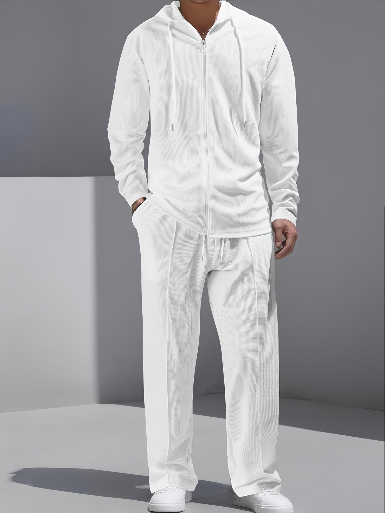 Set di 2 pezzi per uomo con cardigan con cappuccio e zip e pantaloni con coulisse - Pullover casual a maniche lunghe con tasche frontali, colore solido, outfit comodo per la primavera/autunno, abbigliamento per la primavera/autunno | Pullover con cappucci