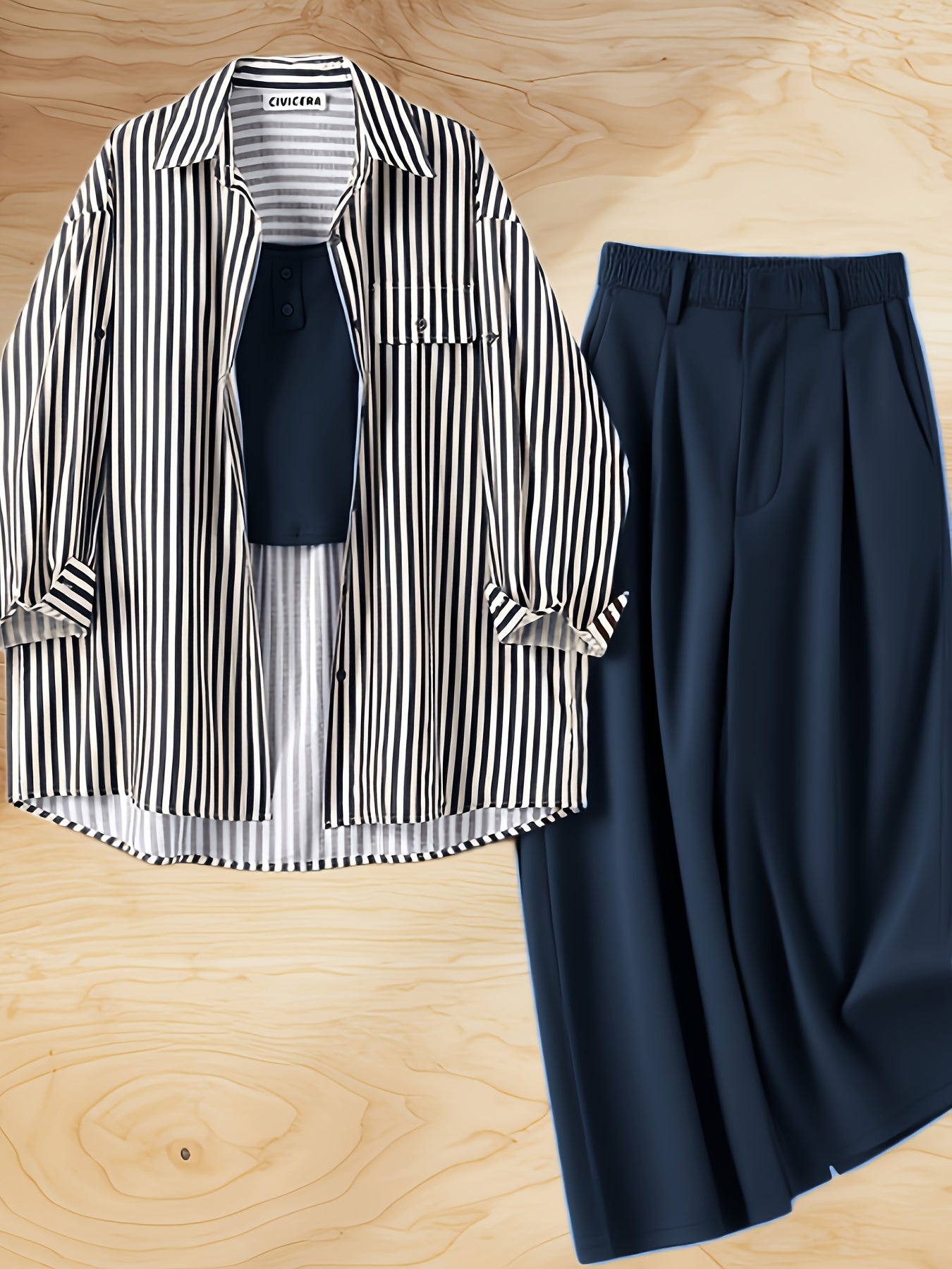 Set di 3 pezzi per donna: top a righe alla moda, camicia, gilet tinta unita e pantaloni larghi comodi, outfit elegante ma casuale, completo da lavoro femminile, abbigliamento trendy ed adatto al contesto professionale. Combinazione versatile con maglia à