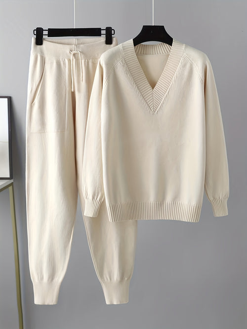 Set a due pezzi, maglione casual a maniche lunghe e pantaloni a V con scollo, senza cintura, lunghezza regolare delle maniche, pantaloni lunghi