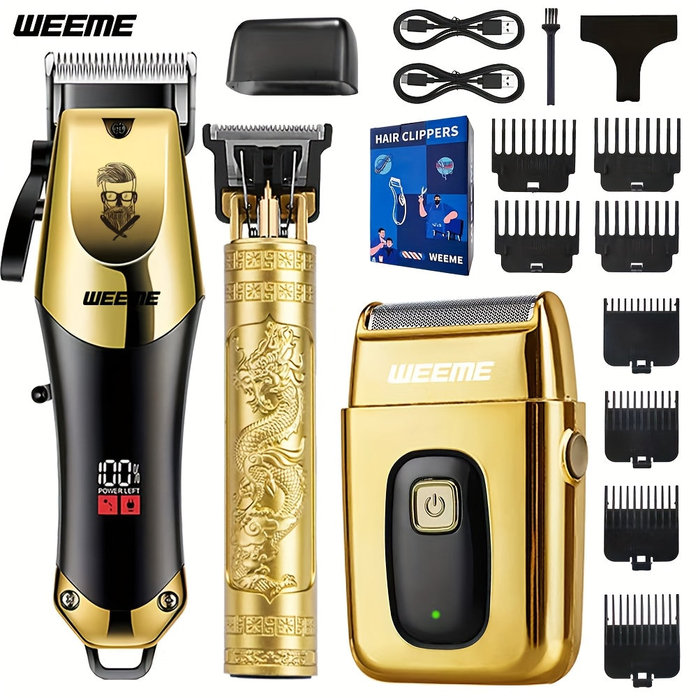 WEEME Set di 3 pezzi per taglio capelli elettrico da uomo, set per parrucchiere domestico, tagliacapelli USB ricaricabile, testina in lega, display LCD, forma intagliata, ideale per casa e viaggi, regalo per la Festa del Papà