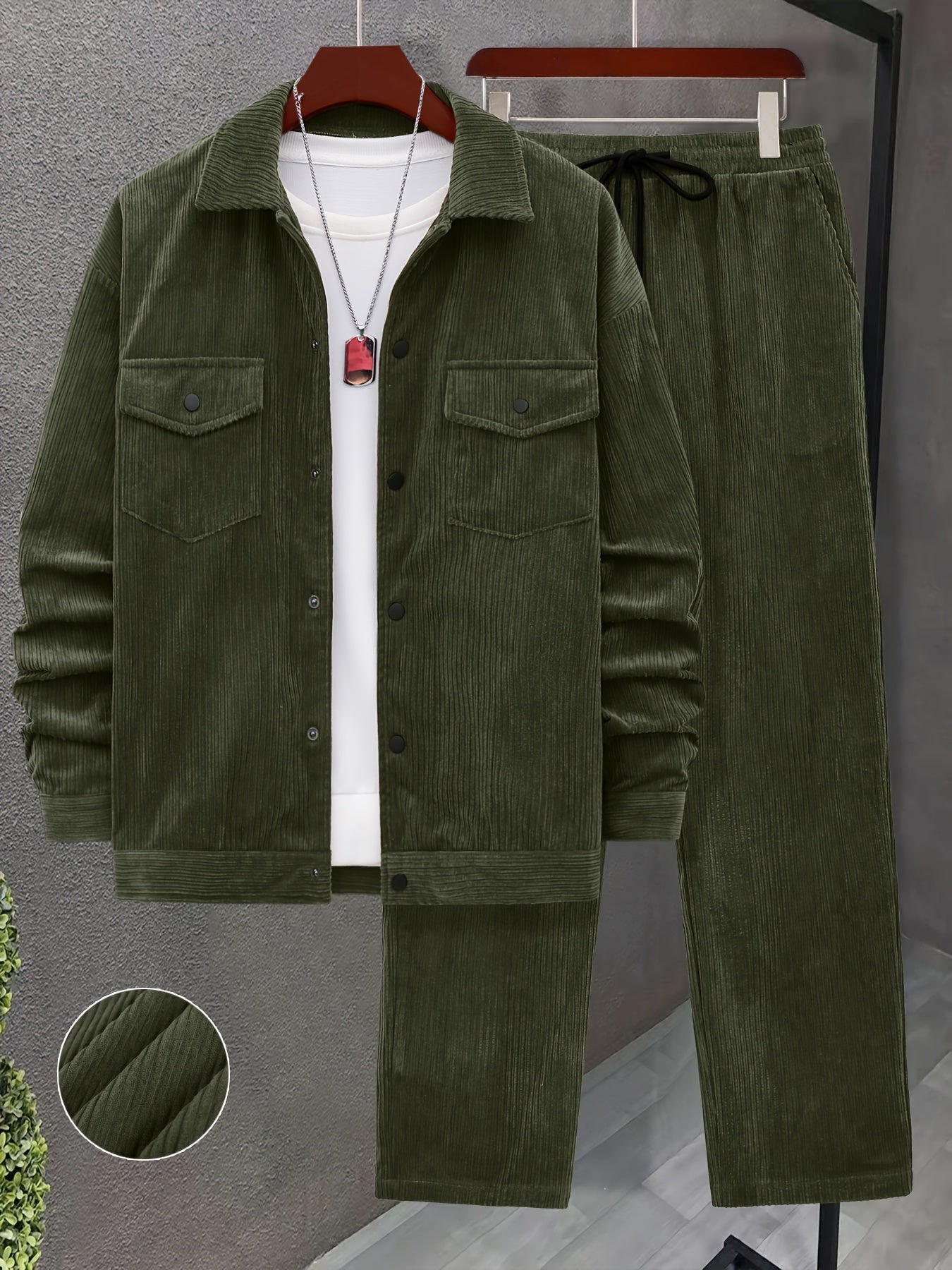 Set autunnale e invernale da uomo 2 pezzi con tessuto a coste intrecciate, tasche a doppia lavorazione, giacca a maniche lunghe e pantaloni larghi con coulisse, abito maturo per uscite casuali/ufficio/appuntamenti, 100% poliestere, lavabile a mano e in la