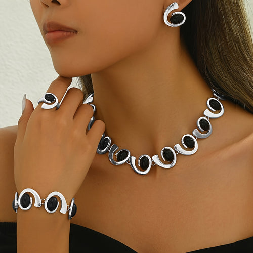 4 pezzi/Set Argento Donna Moda Semplice Collana Orecchini Braccialetto Anello Set Geometrico Ovale Nero Acrilico Intarsiato Spirale Cucitura Perline Pendente Collana Braccialetto Orecchini Anello Boho Spirale Design Set di Gioielli