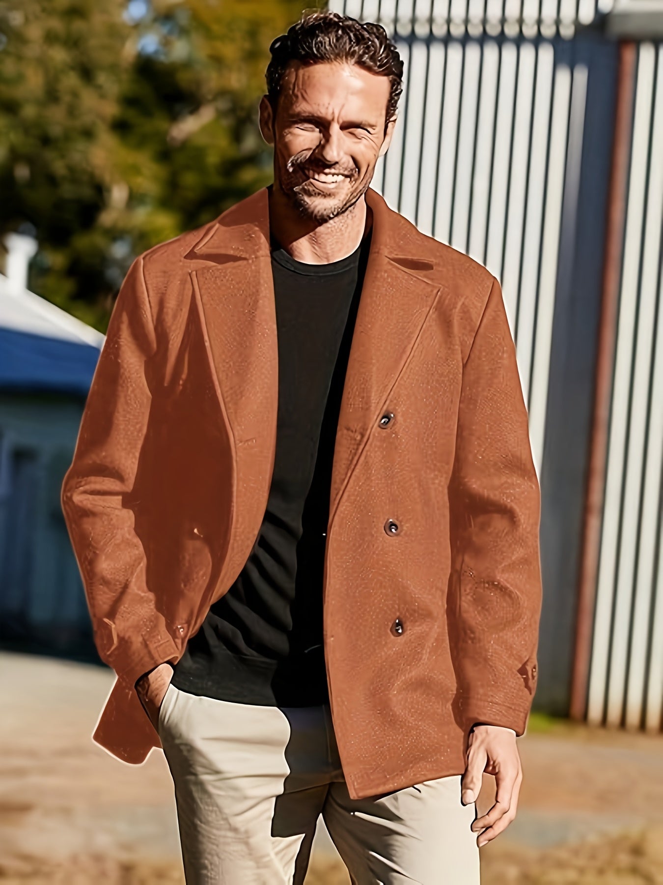 1pz Cappotto Invernale Pesante da Uomo - Giacca Doppiopetto con Colletto a Lancia, Grande Bottone sul Risvolto & Passanti in Tinta Unita (Tessuto Non Elasticizzato) - Capospalla Spesso per Taglie Grandi e Alte, Abbigliamento Casual ed Elegante (Marrone),