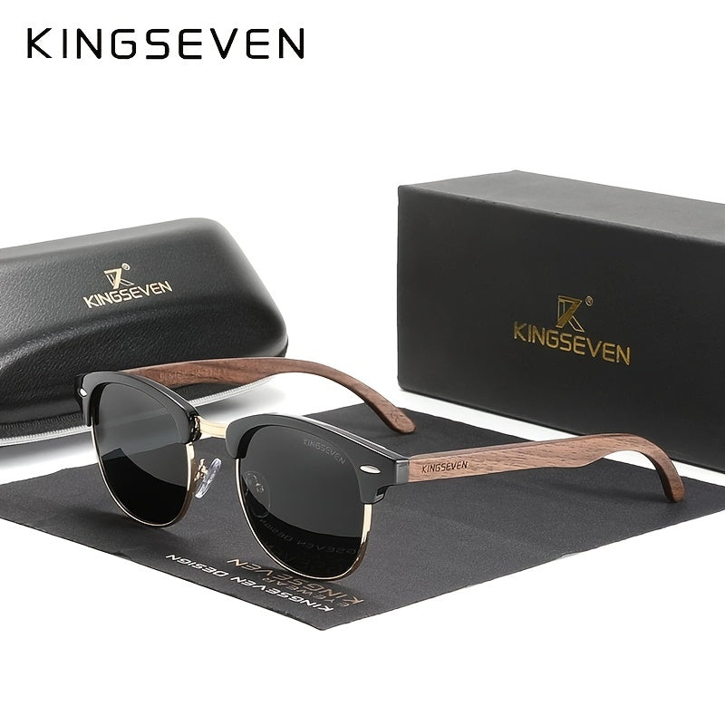 Occhiali in legno di noce nera artigianali KINGSEVEN, con montatura semipolarizzata retro per uomo e donna, stile vintage con custodia, montatura in legno massiccio, lenti in PC, ideali per l'uso quotidiano