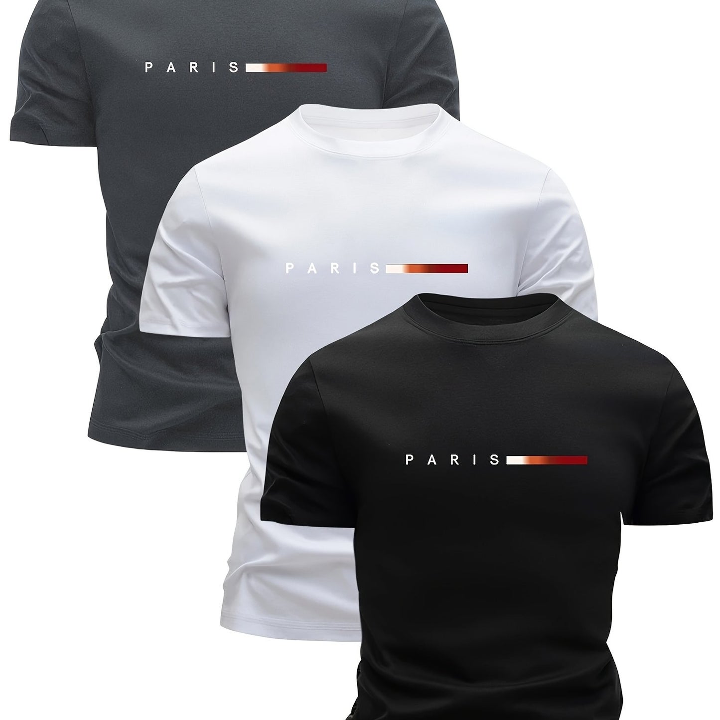 3pcs Magliette da uomo leggere con scollo rotondo - Asciugatura rapida, traspiranti, che assorbono il sudore, design stampa Parigi, vestibilità regolare, abbigliamento casual per tutte le stagioni, regalo ideale per gli uomini, maglietta casual | Magliett
