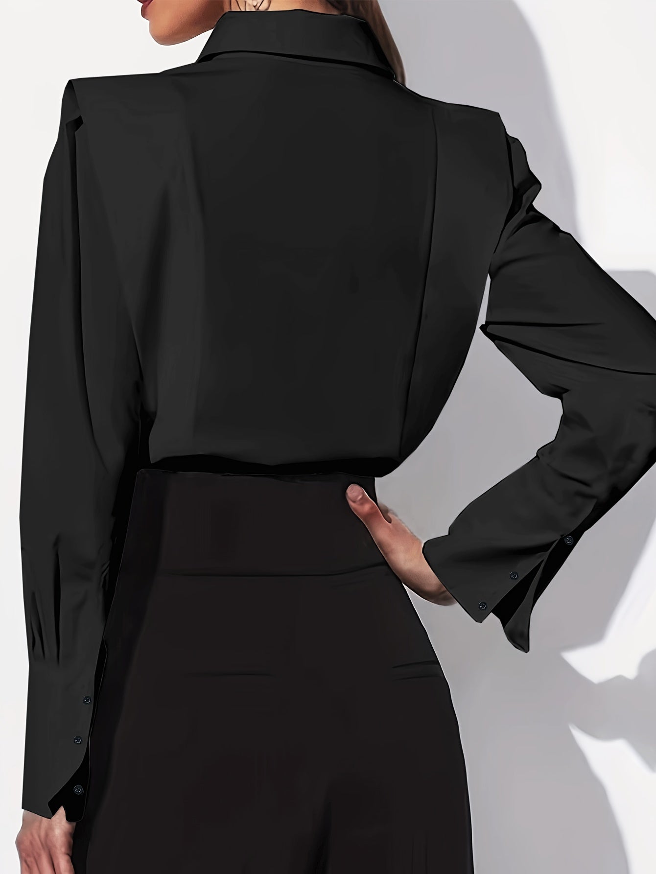 Women'S Light Blue Long Sleeve Button-Up Shirt - Casual Lapel Collar, Solid Color, Elegant Polyester Blouse for All Seasons, Perfect for Casual Attire, Ladies Blouses