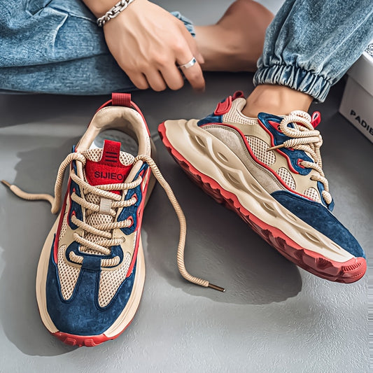 Scarpe da Corsa con Piattaforma Spessa per Uomo - Suola Ammortizzata, Sneakers Atletiche Allacciate in Beige/Blu/Rosso per Palestra, Jogging e Streetwear Casual - Scarpe Antiscivolo PVC per Tutte le Stagioni, Calzature Sportive, Sneaker Traspiranti con To