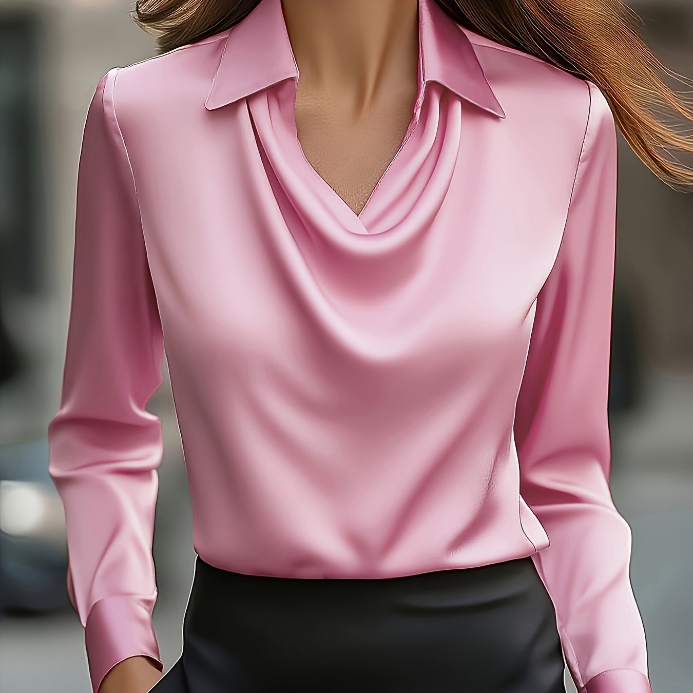 Women'S Elegant Satin Blouse with Pleated V-Neck & Long Sleeves - Chic Black Shirt for All Seasons, Versatile Fashion Top for Casual or Formal Occasions, Formal Attire, Sophisticated Style, Smooth Texture