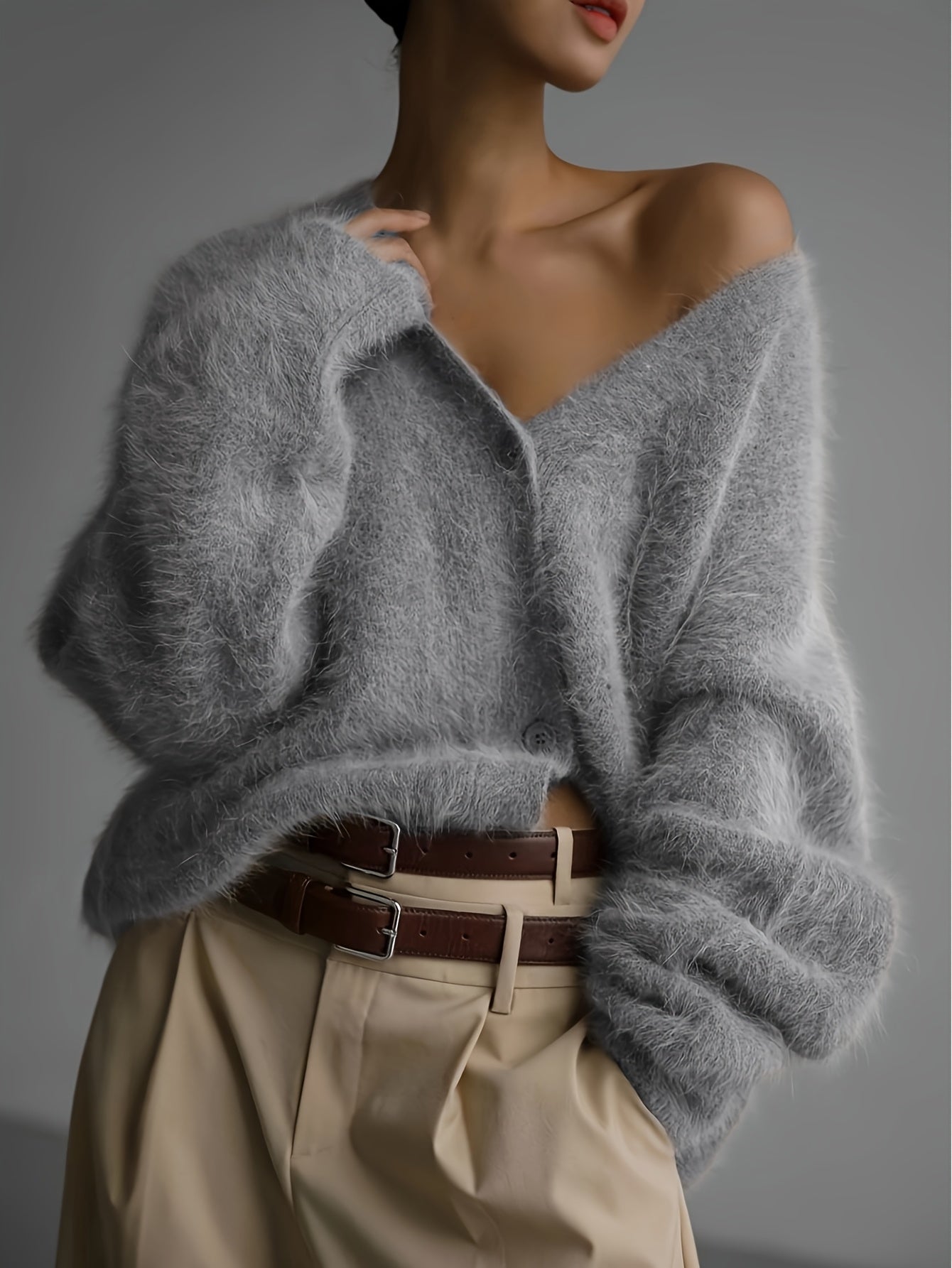 Women'S Light Gray V-Neck Cardigan - Soft Open Front Sweater with Long Sleeves, Elegant & Versatile for Casual, Date Night, Party or Business Wear, Versatile Cardigan | Vneck Sweater | Construction, Sweater Cardigan