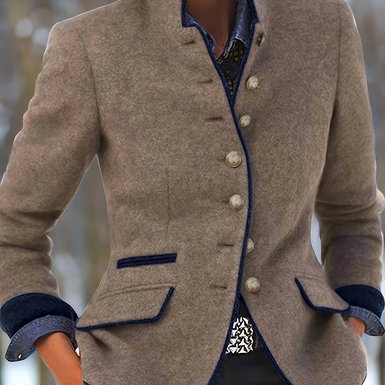 Women'S Vintage Blazer - Elegant Brown Button Front Jacket, Structured H-Silhouette, Long Sleeve Office & Party Coat for Fall/Winter, Formal Events & Everyday Chic Outfits, Ladies Blazer, Seasonal Fashion, Retro Style Jacket, Detailed Button Design