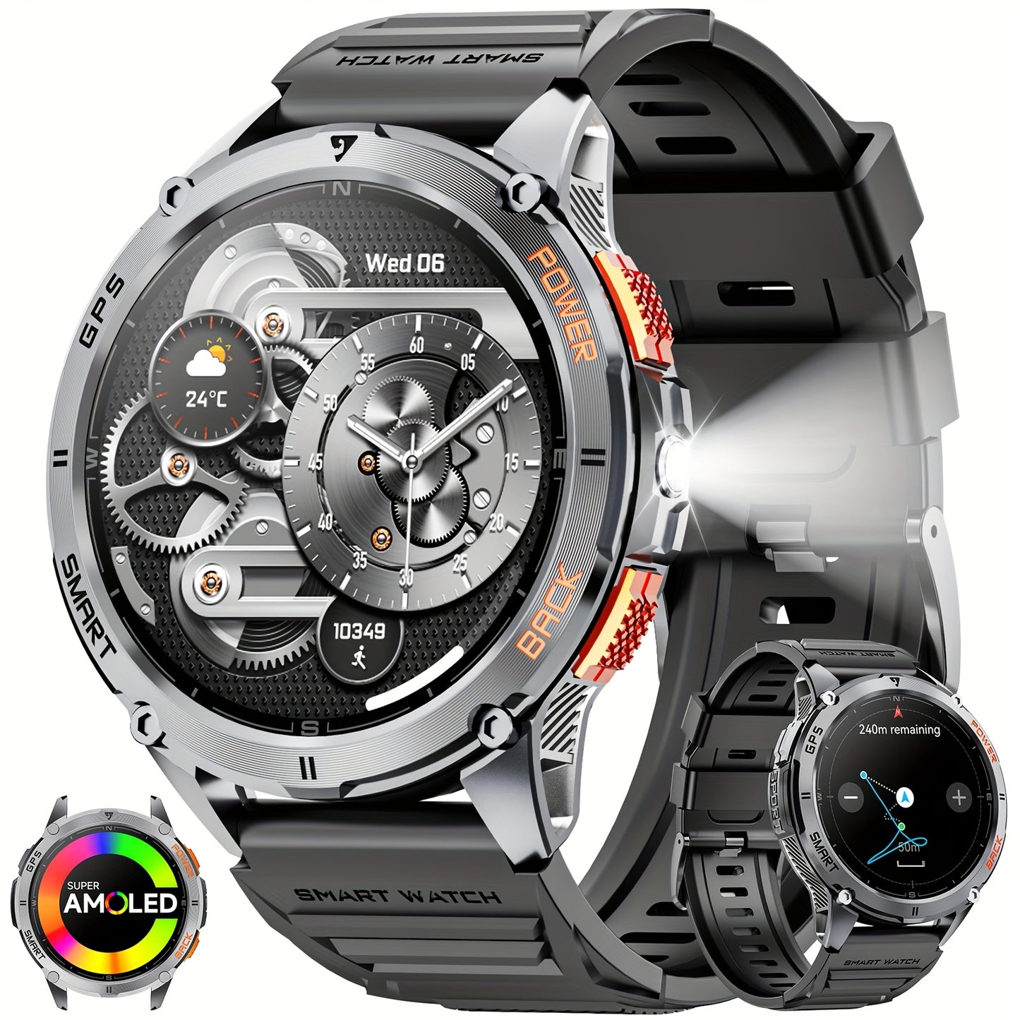 Smart Watch con posizionamento GPS reale, grande capacità di batteria, schermo touch HD AMOLED da 1,43 pollici, chiamata wireless, modalità sportiva, torcia LED, smart watch da esterno