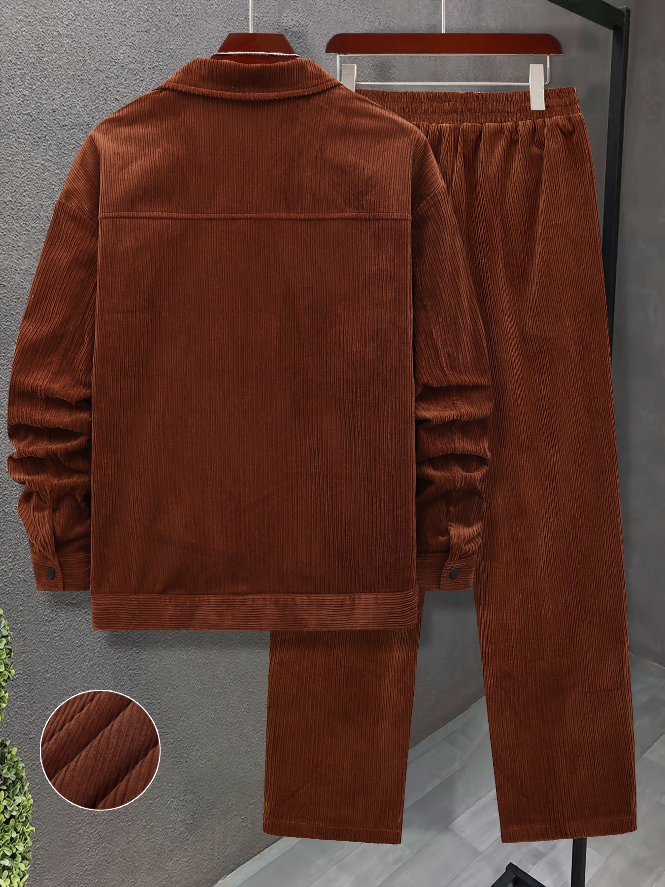 Set autunnale e invernale da uomo 2 pezzi con tessuto a coste intrecciate, tasche a doppia lavorazione, giacca a maniche lunghe e pantaloni larghi con coulisse, abito maturo per uscite casuali/ufficio/appuntamenti, 100% poliestere, lavabile a mano e in la