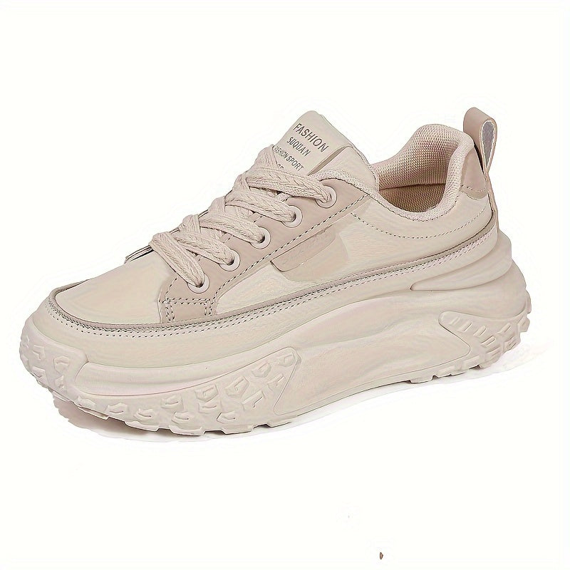 Sneakers da donna alla moda con piattaforma chunky, basse, con lacci, casual, con suola in gomma e sottopiede in microfibra, calzature da passeggio a tinta unita per tutte le stagioni