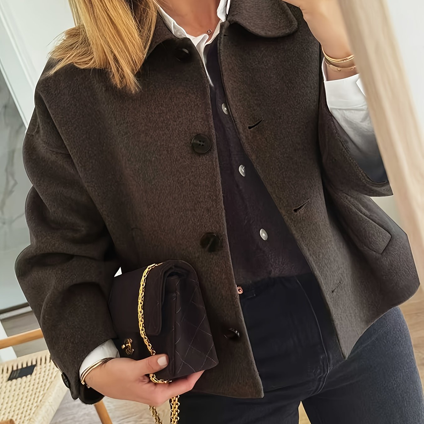 ZD0622917 Giacca Elegante Donna Marrone - Chiusura a Bottoni Classica, Cappotto Sartoriale in H-Shape Strutturato per Ufficio ed Eventi Casual e Formali - Design Stratificato Stagionale con Collo Vintage, Finitura Lucida, Tessuto di Alta Qualità, Abbiglia