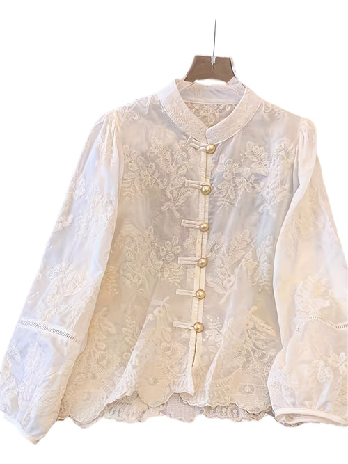 Women's Elegant Chinese-Style Embellished Blouse - Semi-Sheer Stand Collar Button-Front Jacket with Golden-Tone Floral/Butterfly/Lanterns/Clouds Patches, White Traditional Asian-Inspired Top for Weddings & Cultural Events (Machine, Elegant Two Piece Sets