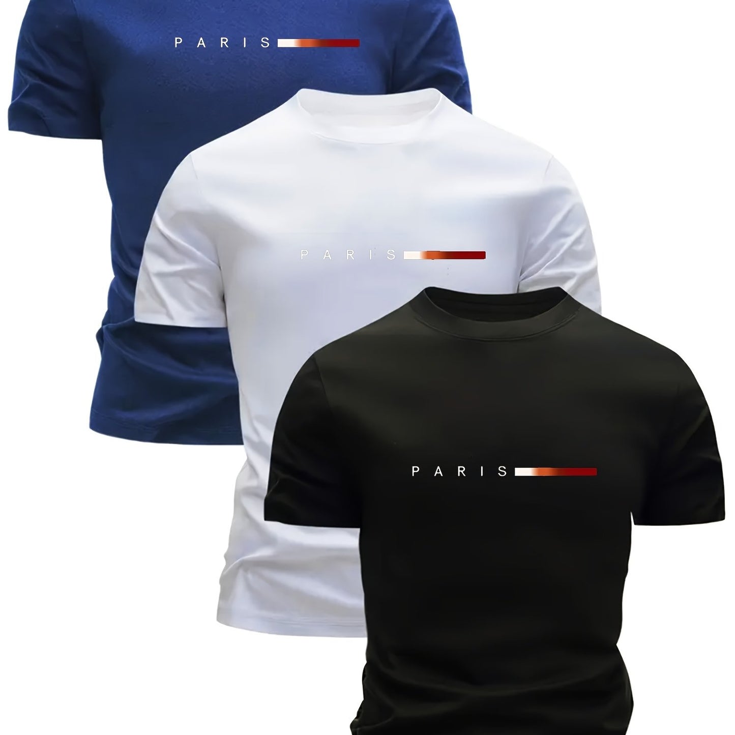 3pcs Magliette da uomo leggere con scollo rotondo - Asciugatura rapida, traspiranti, che assorbono il sudore, design stampa Parigi, vestibilità regolare, abbigliamento casual per tutte le stagioni, regalo ideale per gli uomini, maglietta casual | Magliett