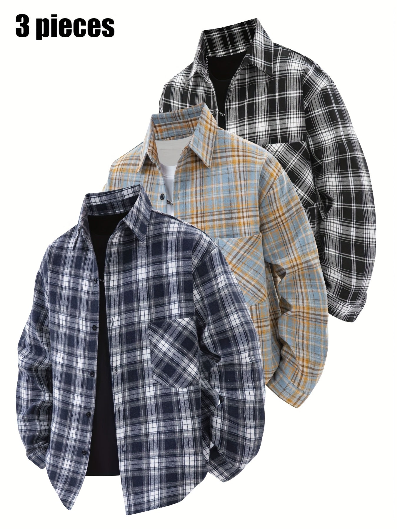 Set di 3 camicie a quadri da uomo - Camicie casual a vestibilità ampia con bottoni, colletto, maniche lunghe e tasche sul petto per abbigliamento primaverile/autunnale da esterno, capispalla versatili e alla moda, abbigliamento primaverile autunnale | Des