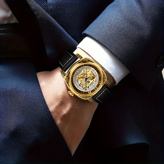 Orologio meccanico automatico vintage di lusso da uomo con quadrante scheletro intagliato dorato, numeri romani e funzione orario mondiale - Orologio rotondo auto-ritmante per occasioni casual e formali, cinturino resistente, non richiede batteria/elettri