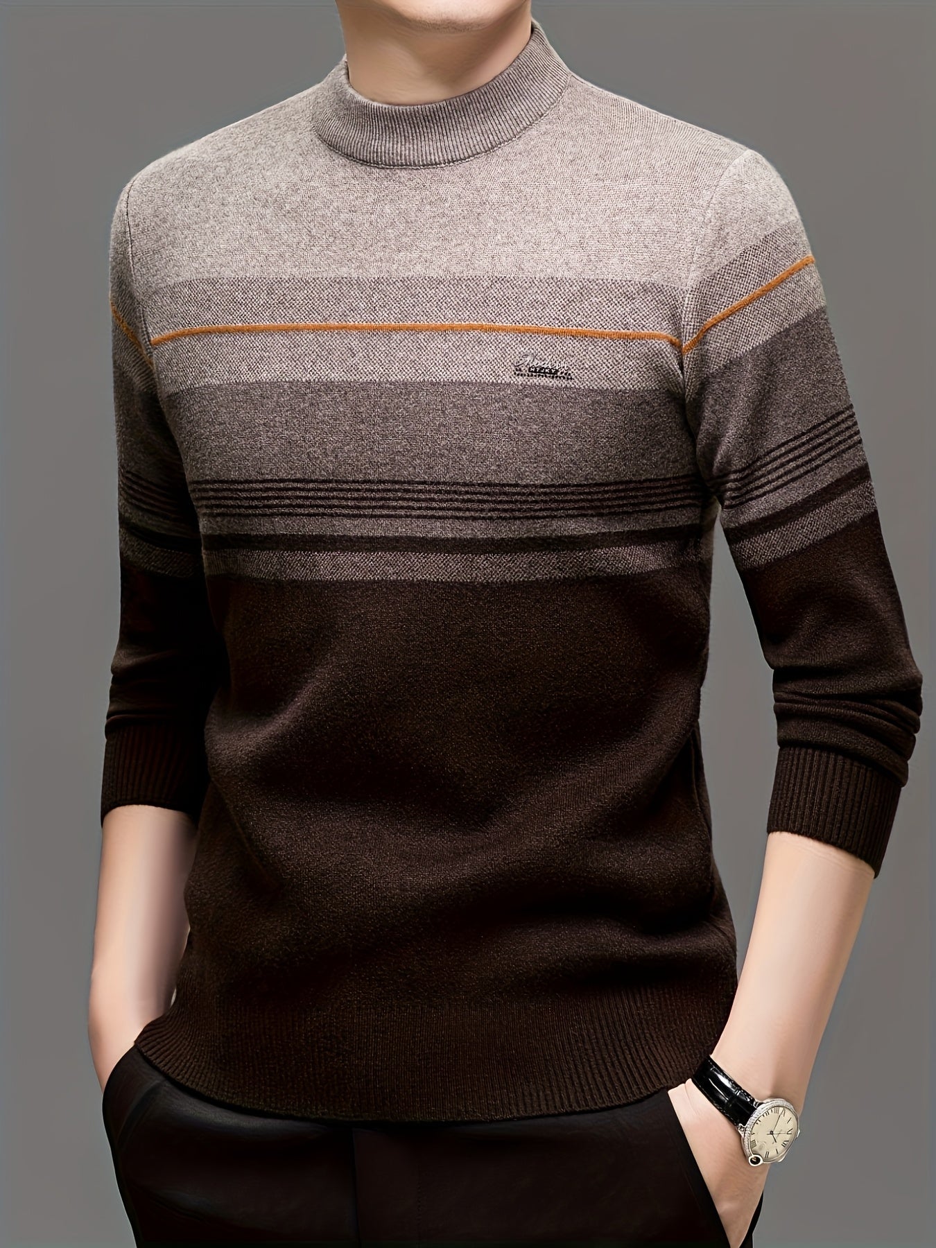 Maglione a maniche lunghe da uomo in maglia - Morbido pullover elasticizzato con strisce marroni/orizzontali, maglione invernale a girocollo per outfit di tutti i giorni e formali, regalo ideale per la festa del papà, marito, fidanzato - Abbigliamento aut