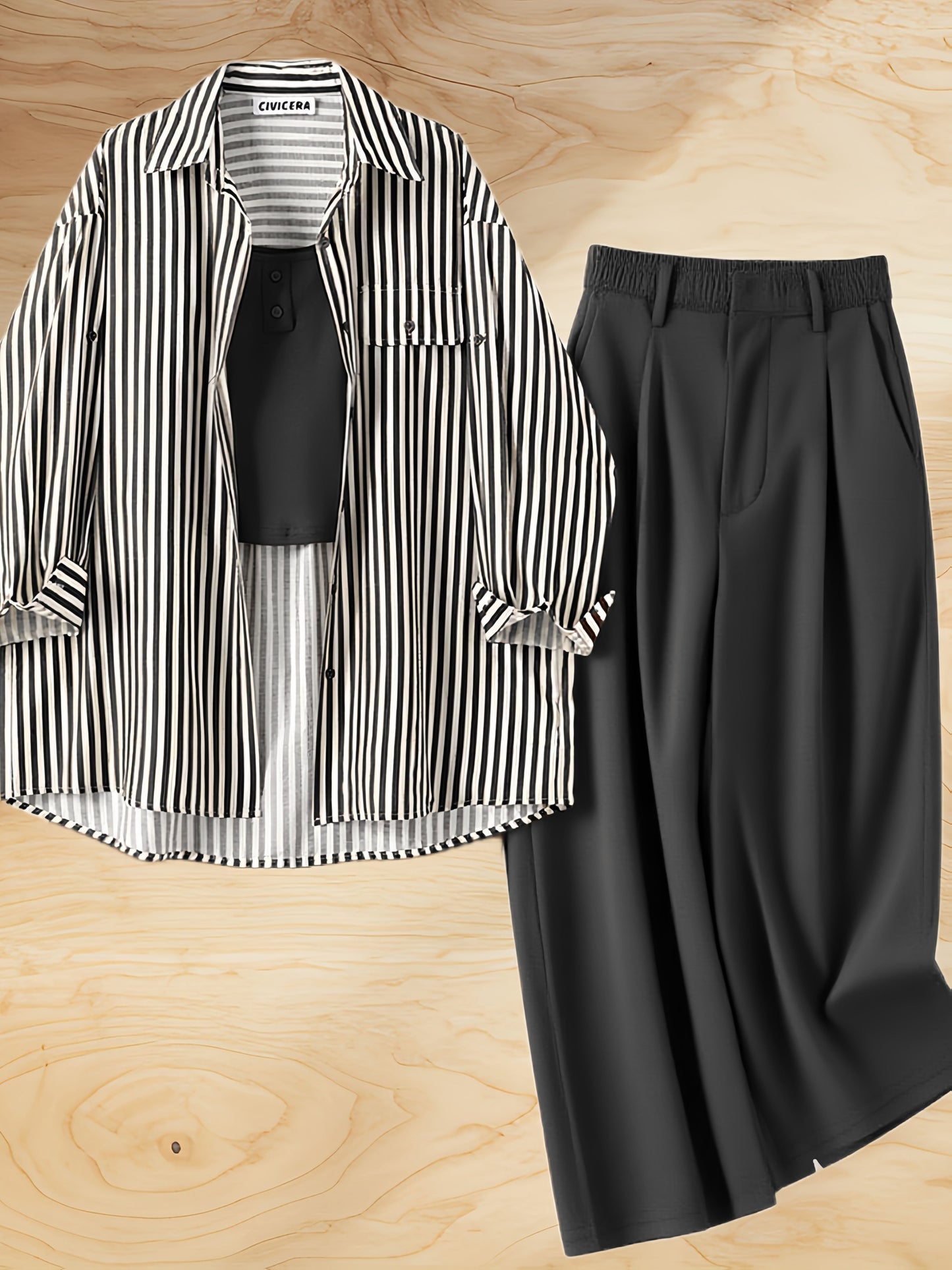 Set di 3 pezzi per donna: top a righe alla moda, camicia, gilet tinta unita e pantaloni larghi comodi, outfit elegante ma casuale, completo da lavoro femminile, abbigliamento trendy ed adatto al contesto professionale. Combinazione versatile con maglia à