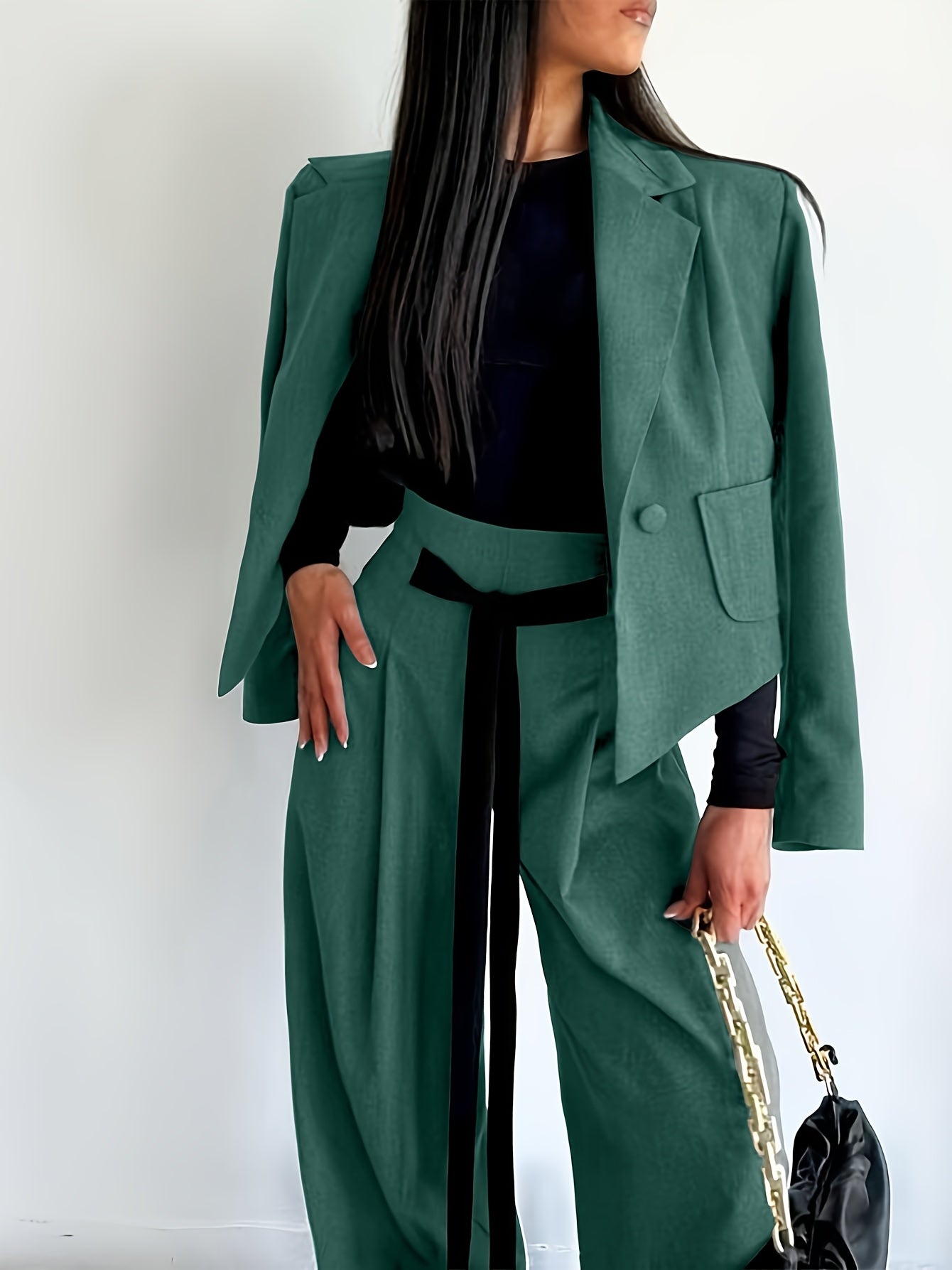 BK052044 Elegant Suit Jacket and Waist-Tie Loose Straight-Leg Wide-Leg Pants Women's Two-Piece Suit