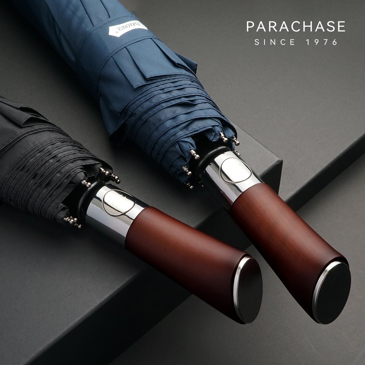 PARACHASE; Ombrello Automatico Antivento 120,9 cm con Telaio in Alluminio a 8 Stecche e Manico in Legno - Ombrello Pieghevole Compatto in Tessuto Pongee per Look Business Casual | Accessorio Elegante | Ombrello da Esterno