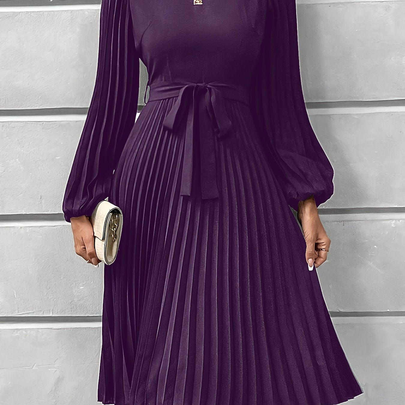 Women'S Elegant Formal & Everyday dress - Long Lantern Sleeves, Adjustable Waist Tie Belt, Flattering A-Line Silhouette, Knee-Length Party Wedding Office Outfit in - Easy-Care Women'S Clothing, Versatile Wardrobe Staple, Sophisticated Pleated Skirt, Durab