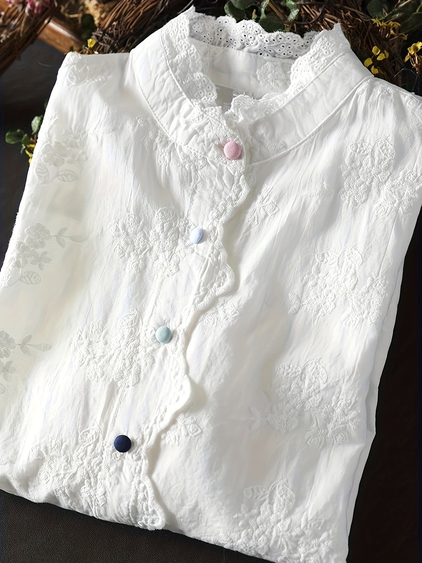 Women's Loose Embroidered Blouse with Floral Embroidery & Lace Trim - Stand-Up Collar Long Sleeve Button Front Shirt, Machine Washable All-Season Top for Casual & Office Wear